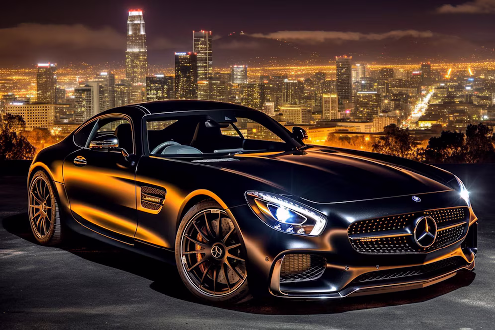Black Mercedes-AMG sports car against a city skyline at night