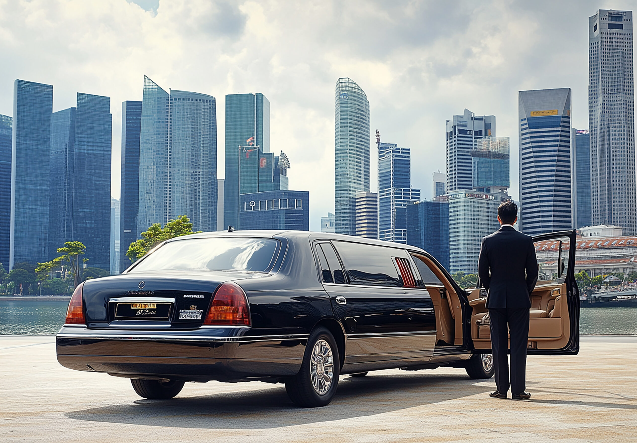 Chauffeur beside a black luxury car for Dallas airport car service
