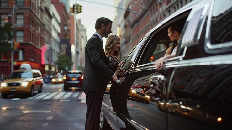 Chauffeur opening a black car door for a passenger on a city street