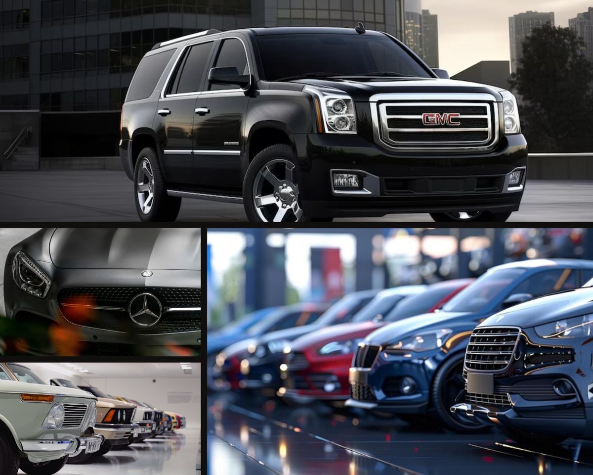 Black Cadillac Escalade SUV and a row of luxury cars