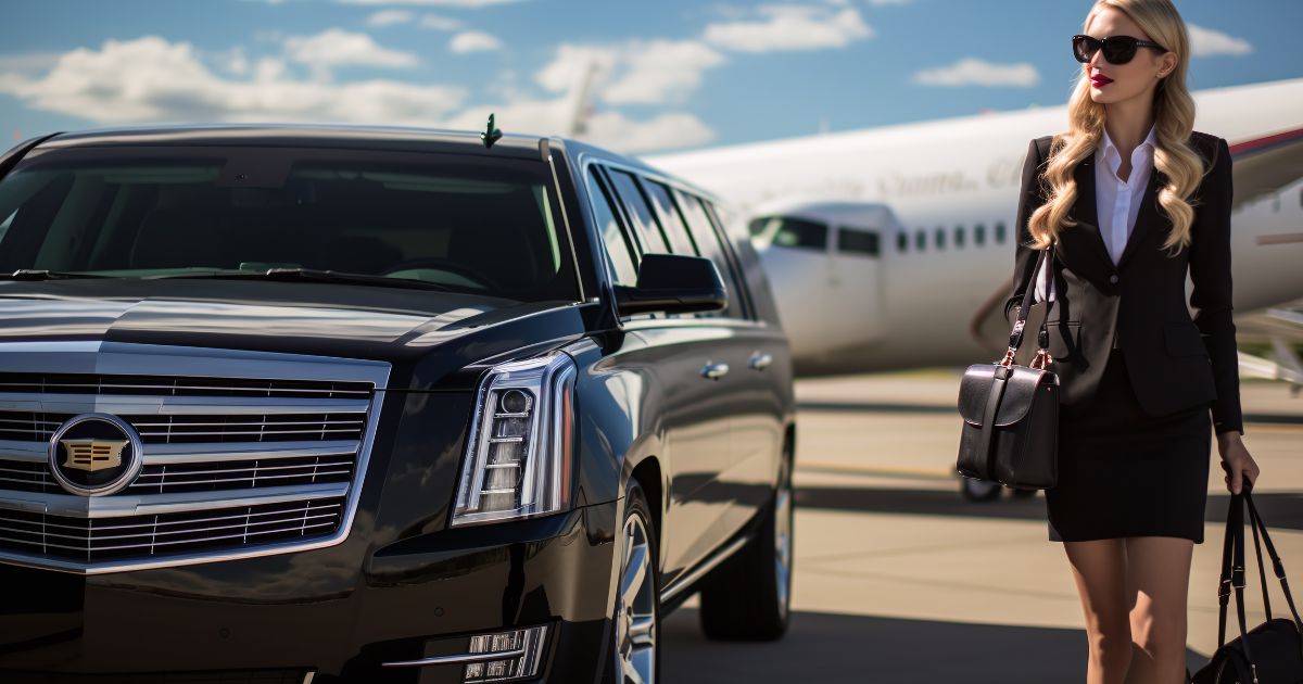 Chauffeur-driven black Cadillac Escalade picking up a traveler at a Dallas airport