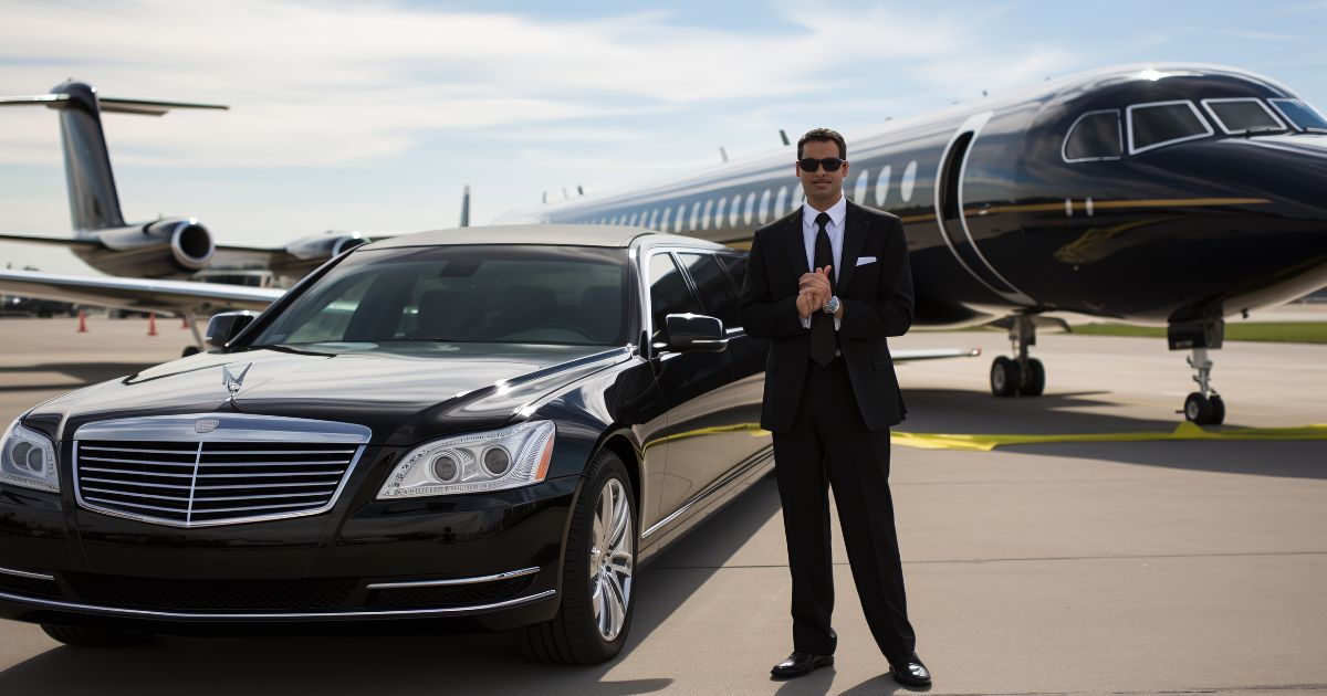 Chauffeur with a black Mercedes sedan and a private jet on the tarmac