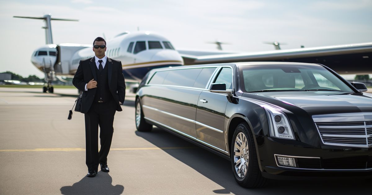 Chauffeur beside a black stretch limousine at DFW Airport