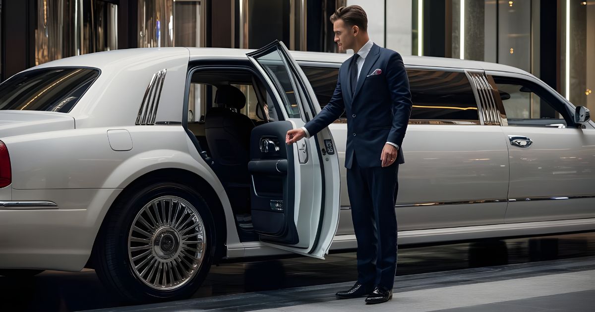 Chauffeur opening the door of a white stretch limousine
