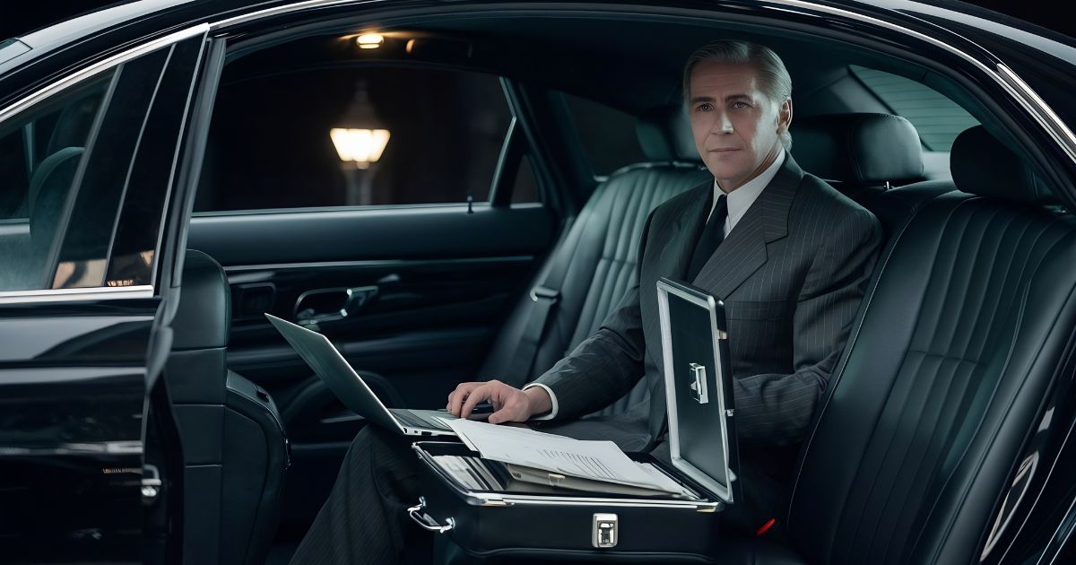 Executive working on a laptop in the back seat of a chauffeured car