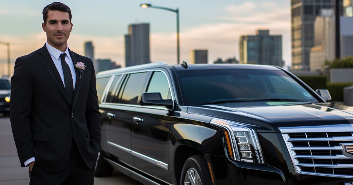 RamsLimo chauffeur beside a black Cadillac Escalade