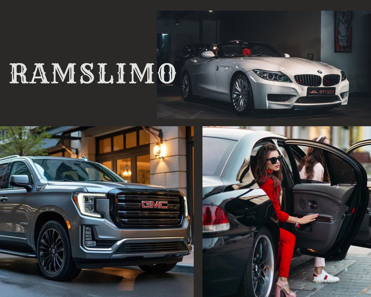 RamsLimo chauffeur opening the door of a black luxury car, with a black GMC Yukon